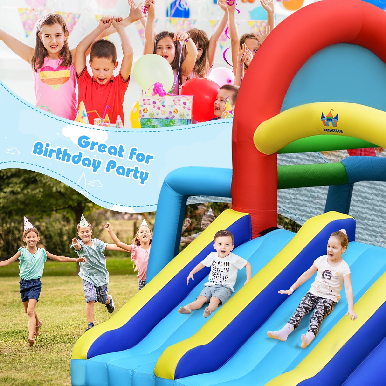 Inflatable slide with children playing outdoors, text 'Great for Birthday Party' on a banner.