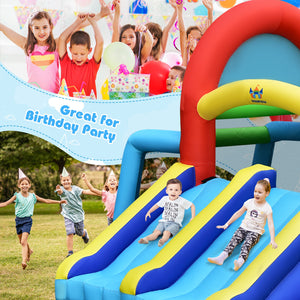Inflatable slide with children playing outdoors, text 'Great for Birthday Party' on a banner.