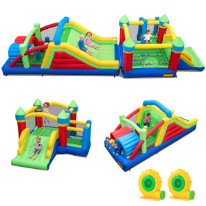 Colorful inflatable playground with slides and climbing structures on a white background