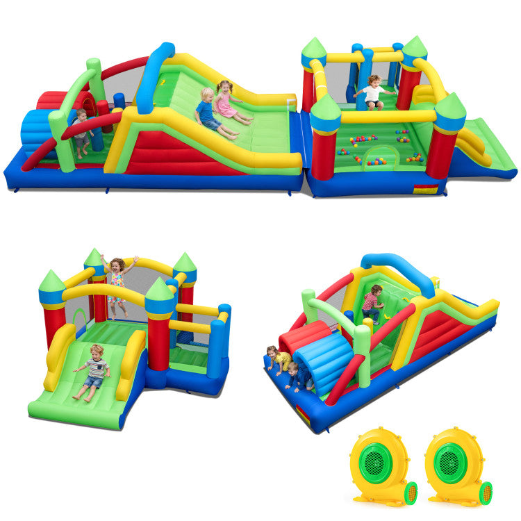 Colorful inflatable playground with slides and climbing structures on a white background