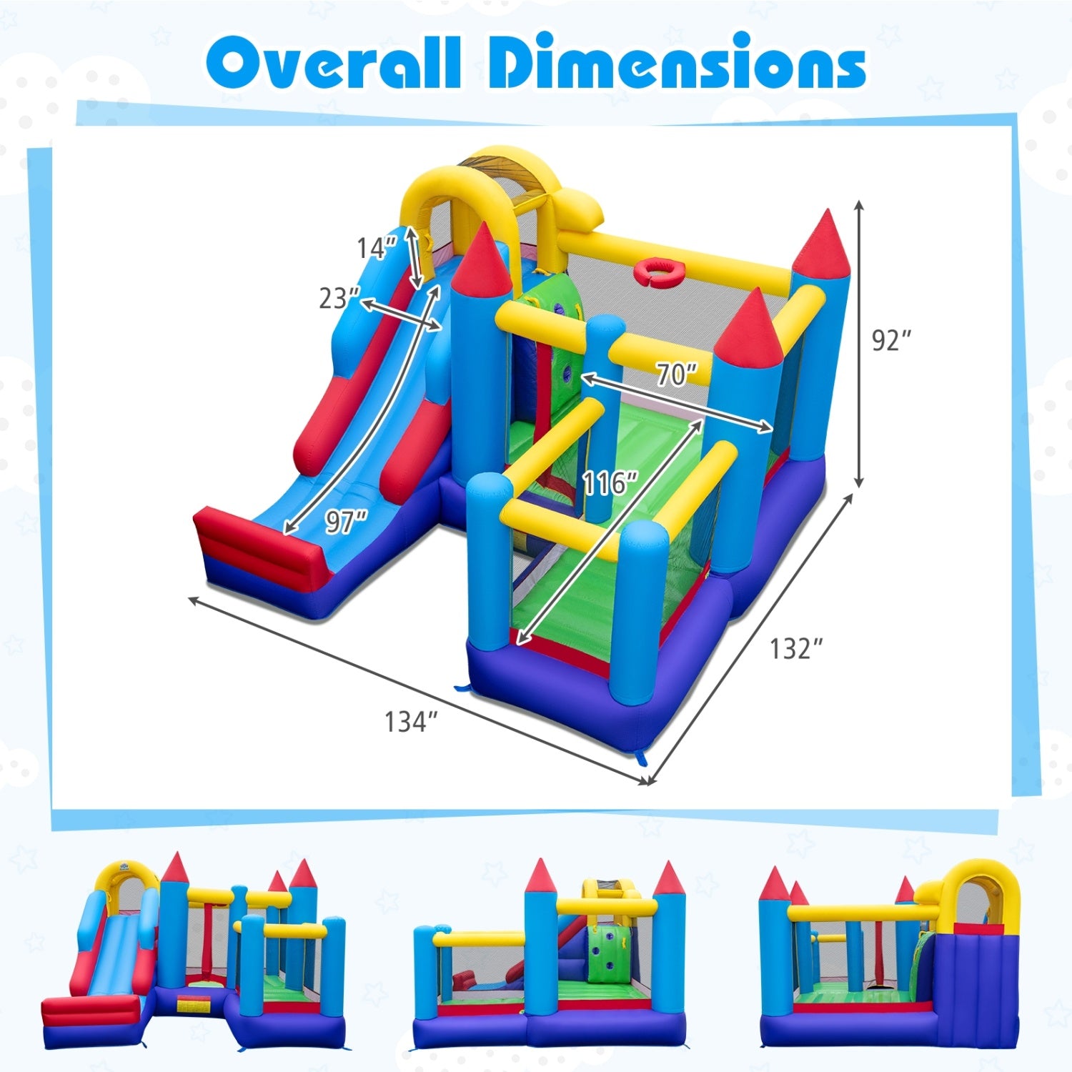 Inflatable playground with dimensions labeled on a white background