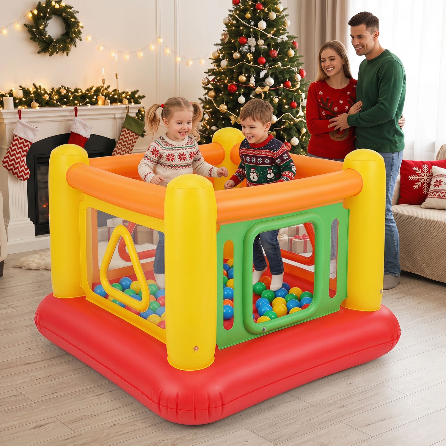 Bounce house with creative triangle and rectangle openings