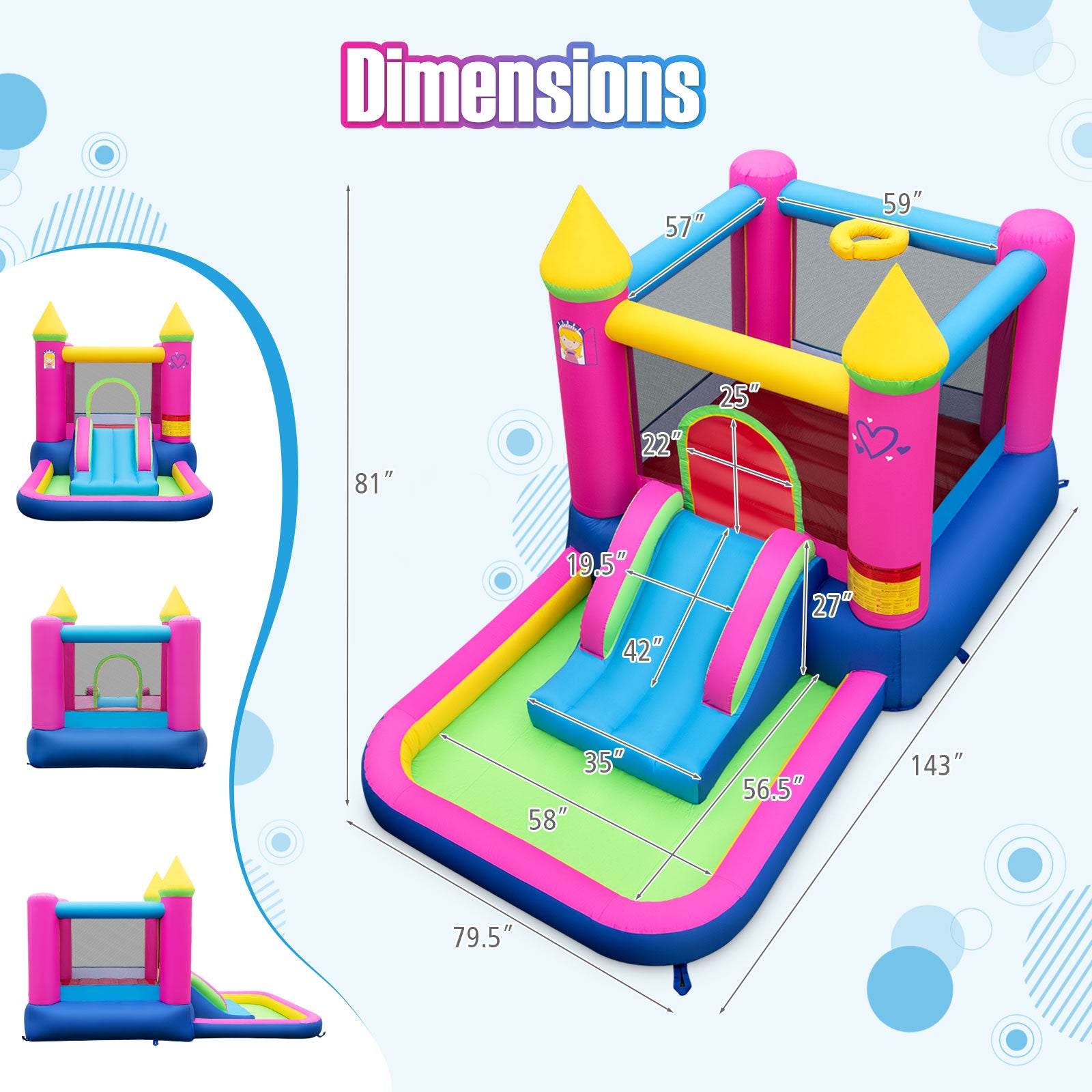 Inflatable children's bounce house with dimensions on a white background