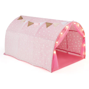 Pink children's play tent with star patterns and string lights on a white background