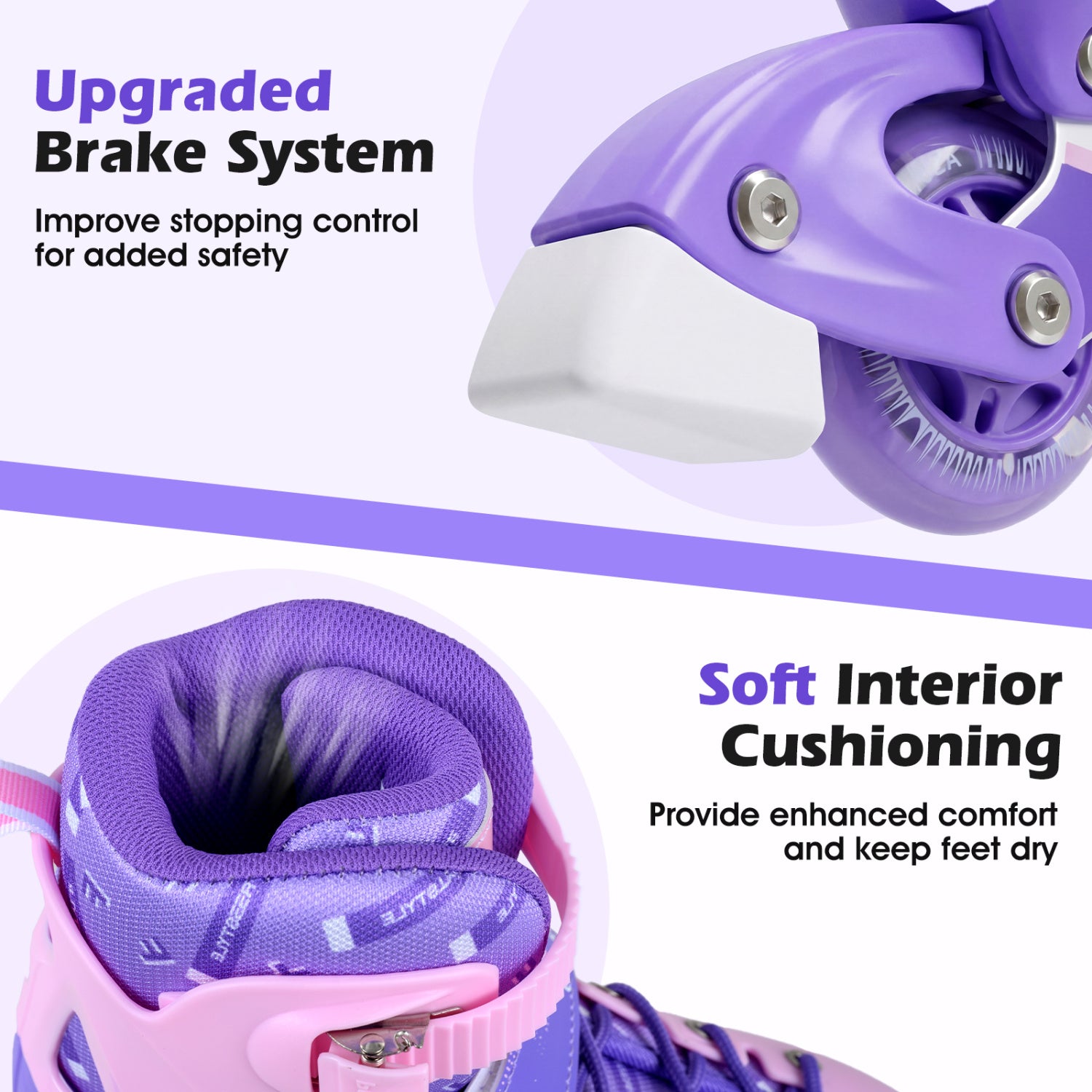 Purple and pink roller skates with text highlighting upgraded brake system and soft interior cushioning.