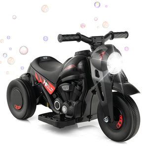 Black and red toy motorcycle with bubbles on a white background