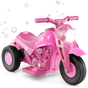 Pink toy motorcycle with bubbles on a white background