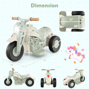 Measurement chart of a children's toy motorcycle with dimensions labeled.
