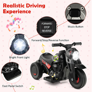 Children's toy motorcycle with features highlighted on a pink background
