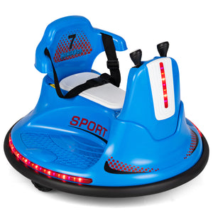 Blue children's bumper car with red lights on a white background