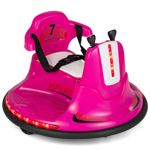 Pink children's bumper car with seat and visible brand name on a white background