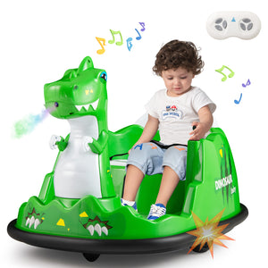 Child sitting on a green dinosaur-shaped toy with remote control and music symbols.