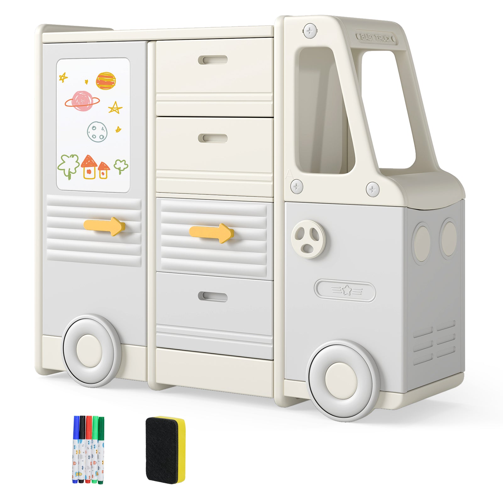 Toy organizer with four pull-out drawers for organized storage