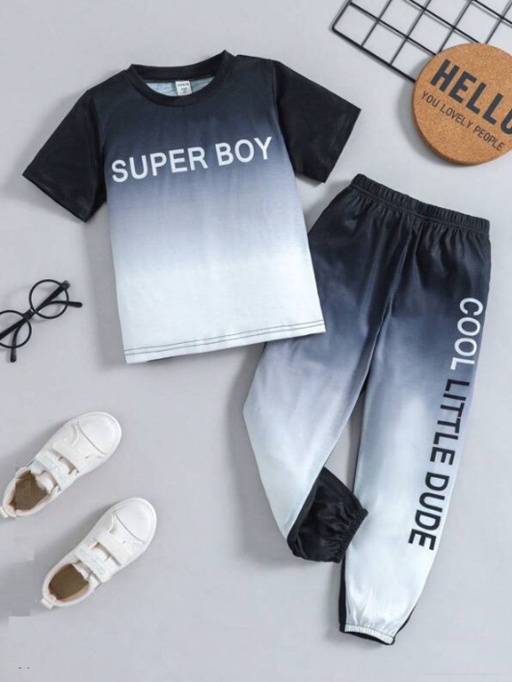 Young Boy Letter Graphic Ombre Tee & Sweatpants