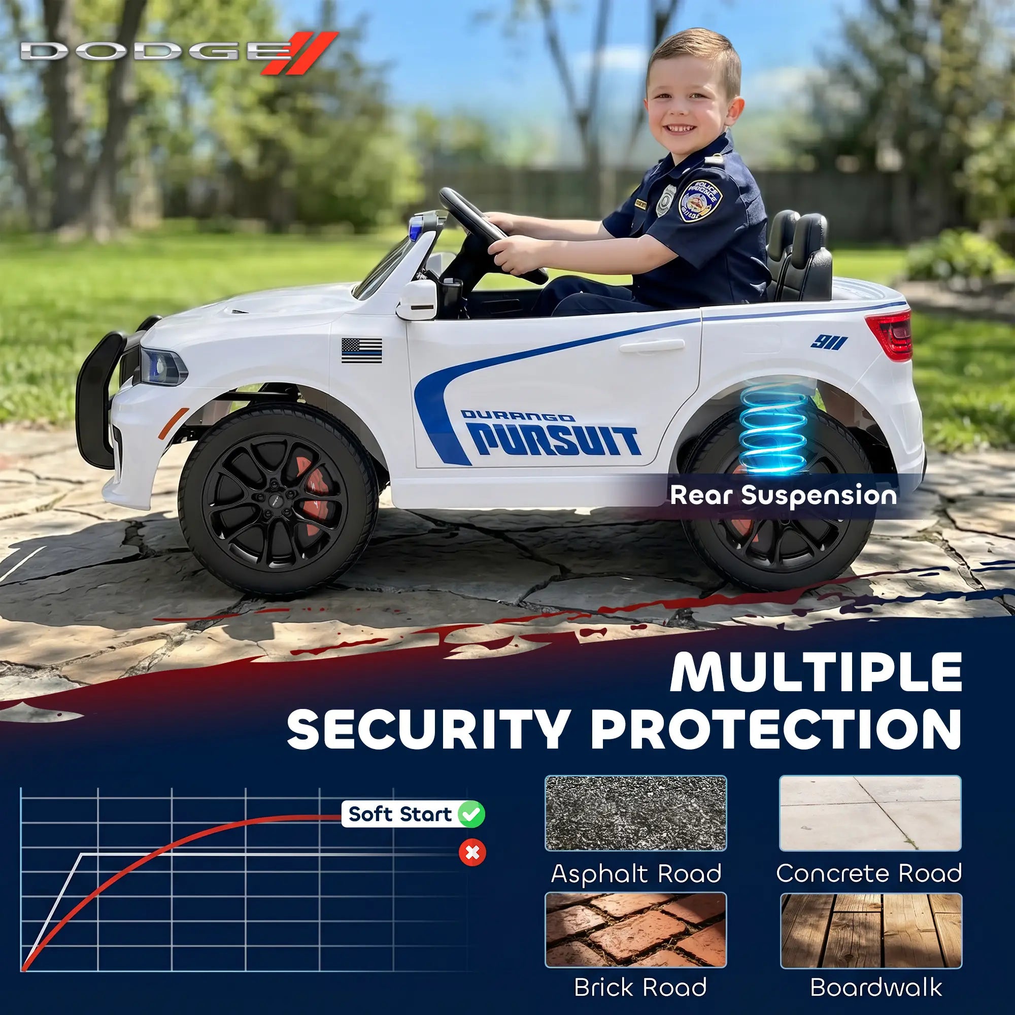 A child wearing a police uniform sits in a white and blue toy police car outdoors on a paved path, with promotional text and feature callouts including 'Rear Suspension' and 'Multiple Security Protection.'.