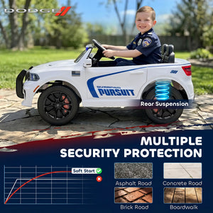 A child wearing a police uniform sits in a white and blue toy police car outdoors on a paved path, with promotional text and feature callouts including 'Rear Suspension' and 'Multiple Security Protection.'.
