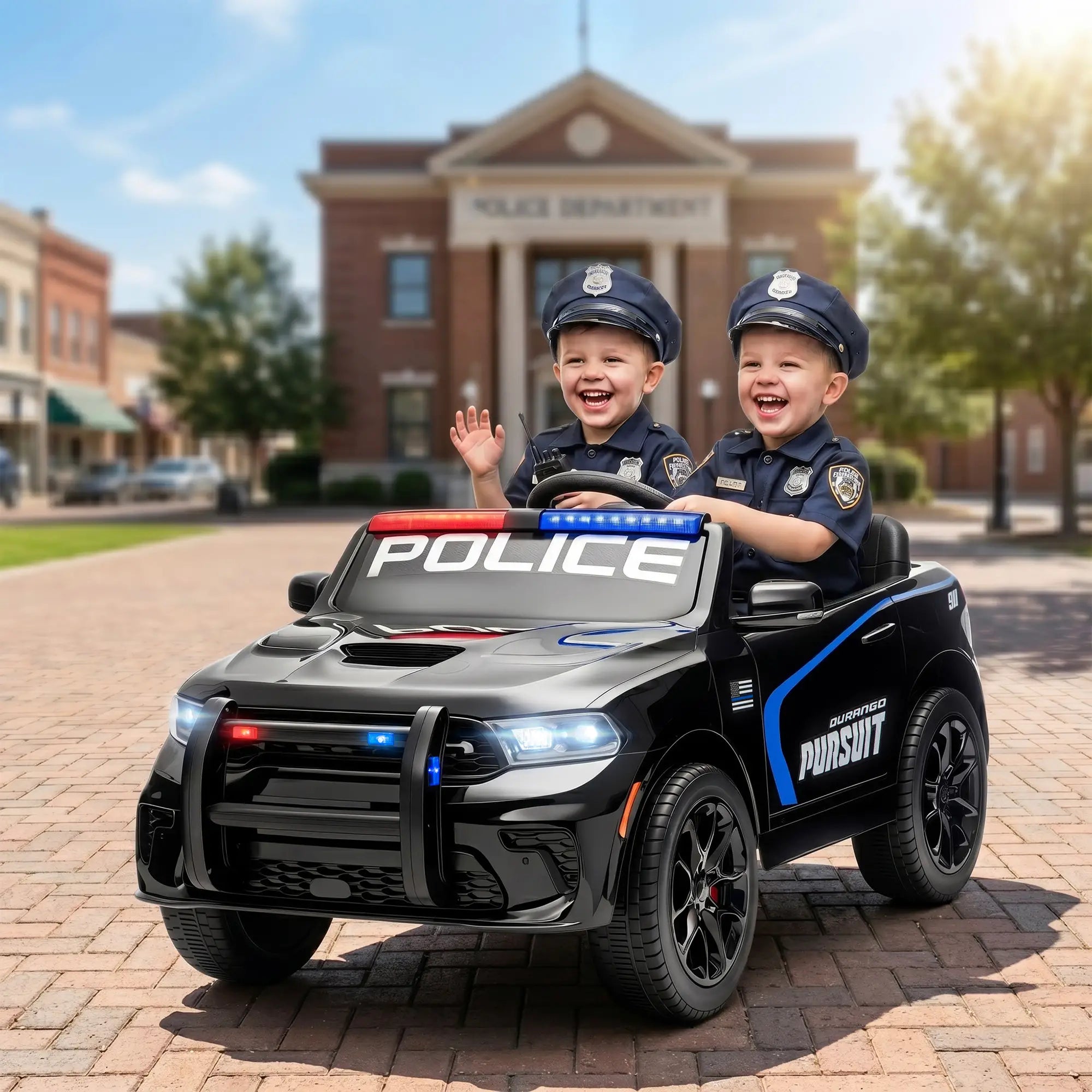 Two young boys dressed as police officers sitting in a black ride-on toy car styled like a police SUV, with 'POLICE' on the windshield and 'PURSUIT' on the side, parked on a brick street in front of a brick police station building.