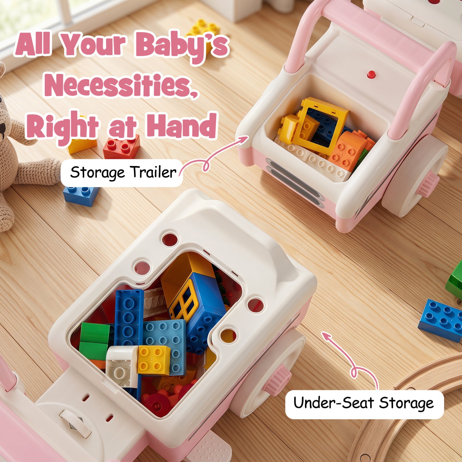 Storage trailer with toy blocks on a wooden floor, labeled 'Under-Seat Storage'.