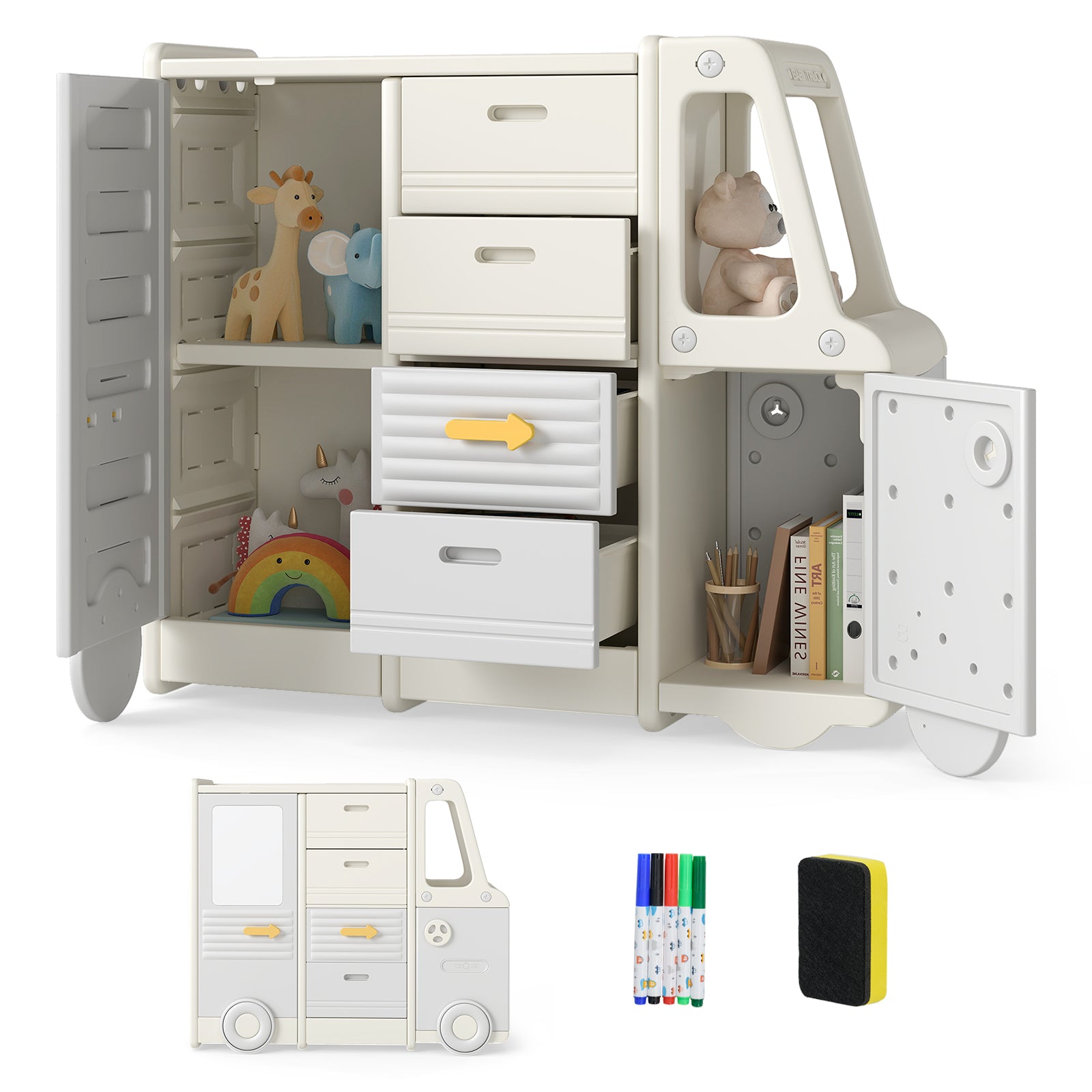 Cartoon bus-shaped storage cabinet for kids playroom