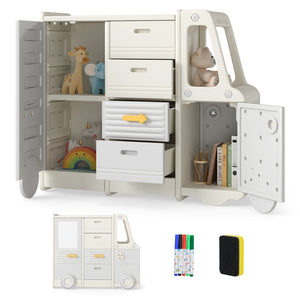 Cartoon bus-shaped storage cabinet for kids playroom