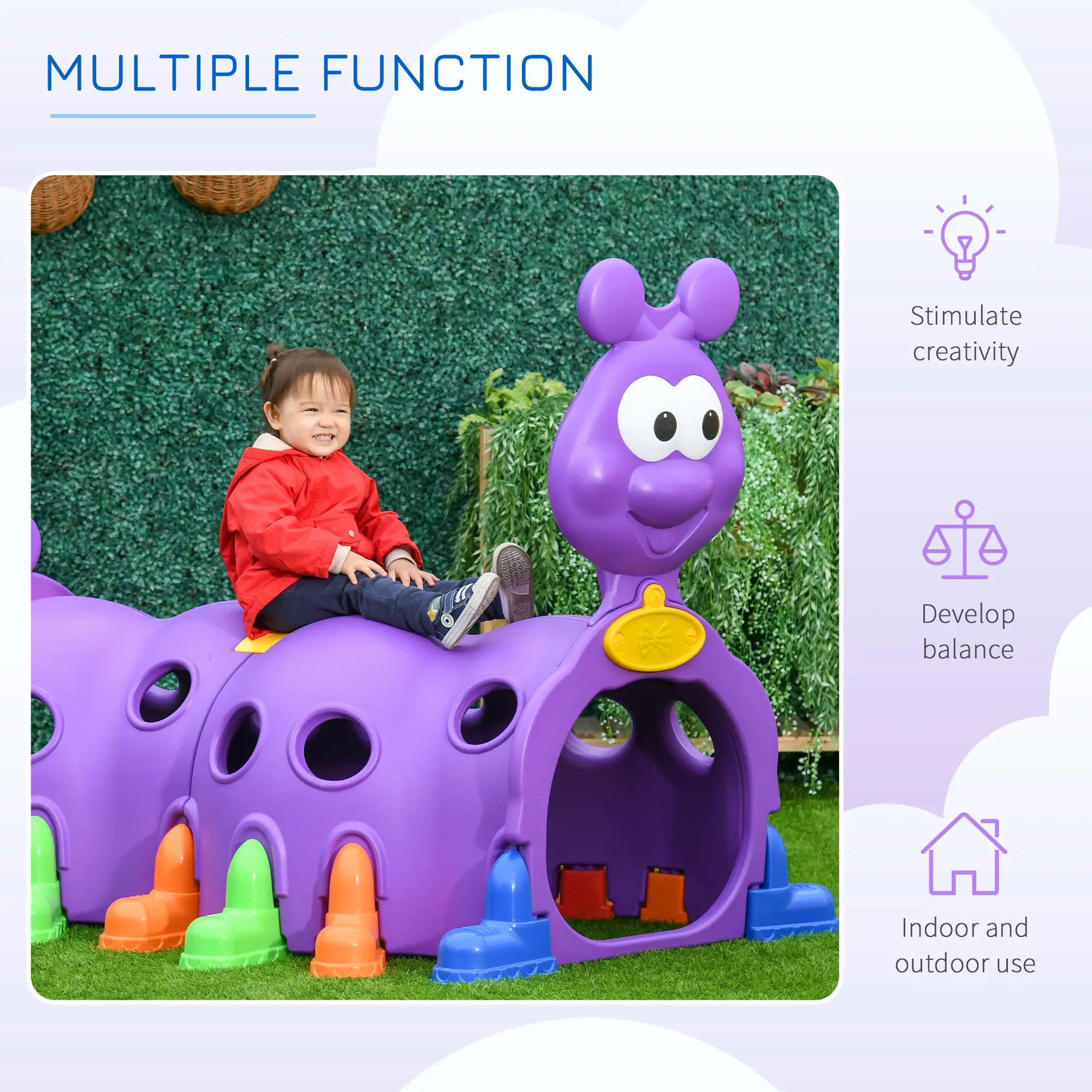 Child sitting on a purple playground slide with text highlighting its multiple functions.