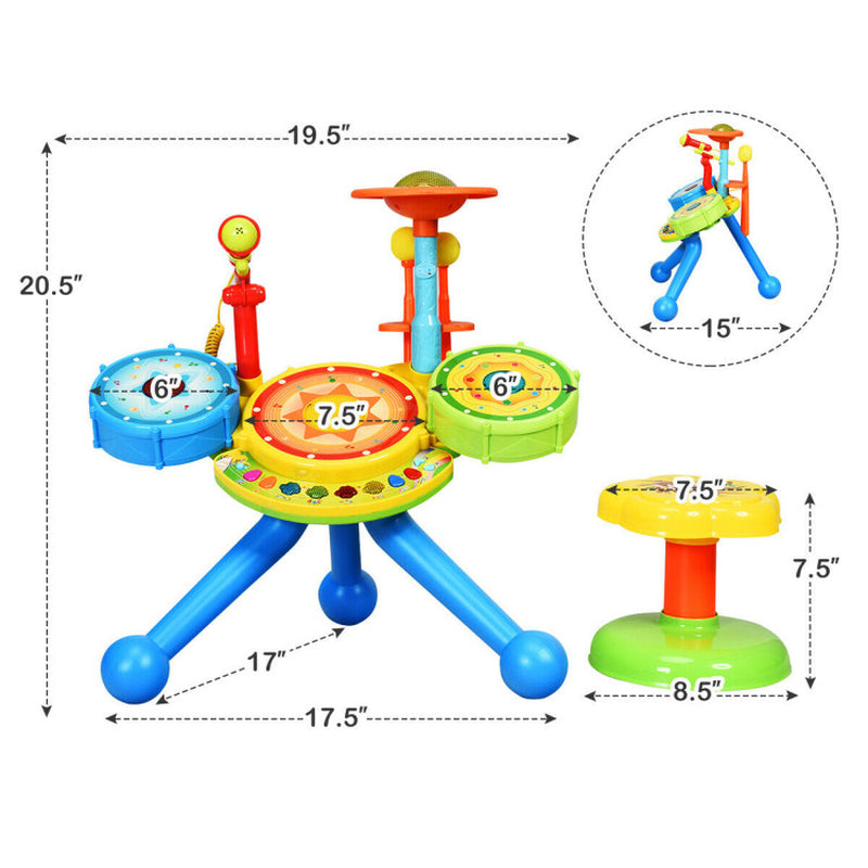 Kids Electric Jazz Drum Set with Stool Microphone and LED Light