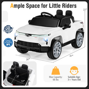 Children's toy car with dimensions and safety certification logos on a gray background