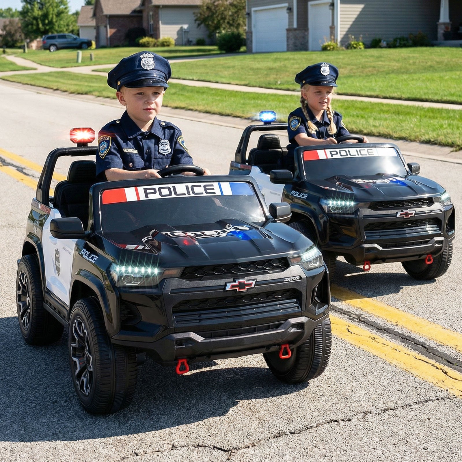 Two children in toy police cars on a residential street.