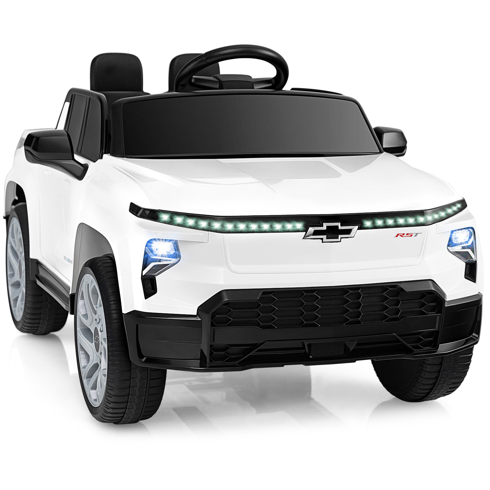 White toy car with Chevrolet logo on a white background