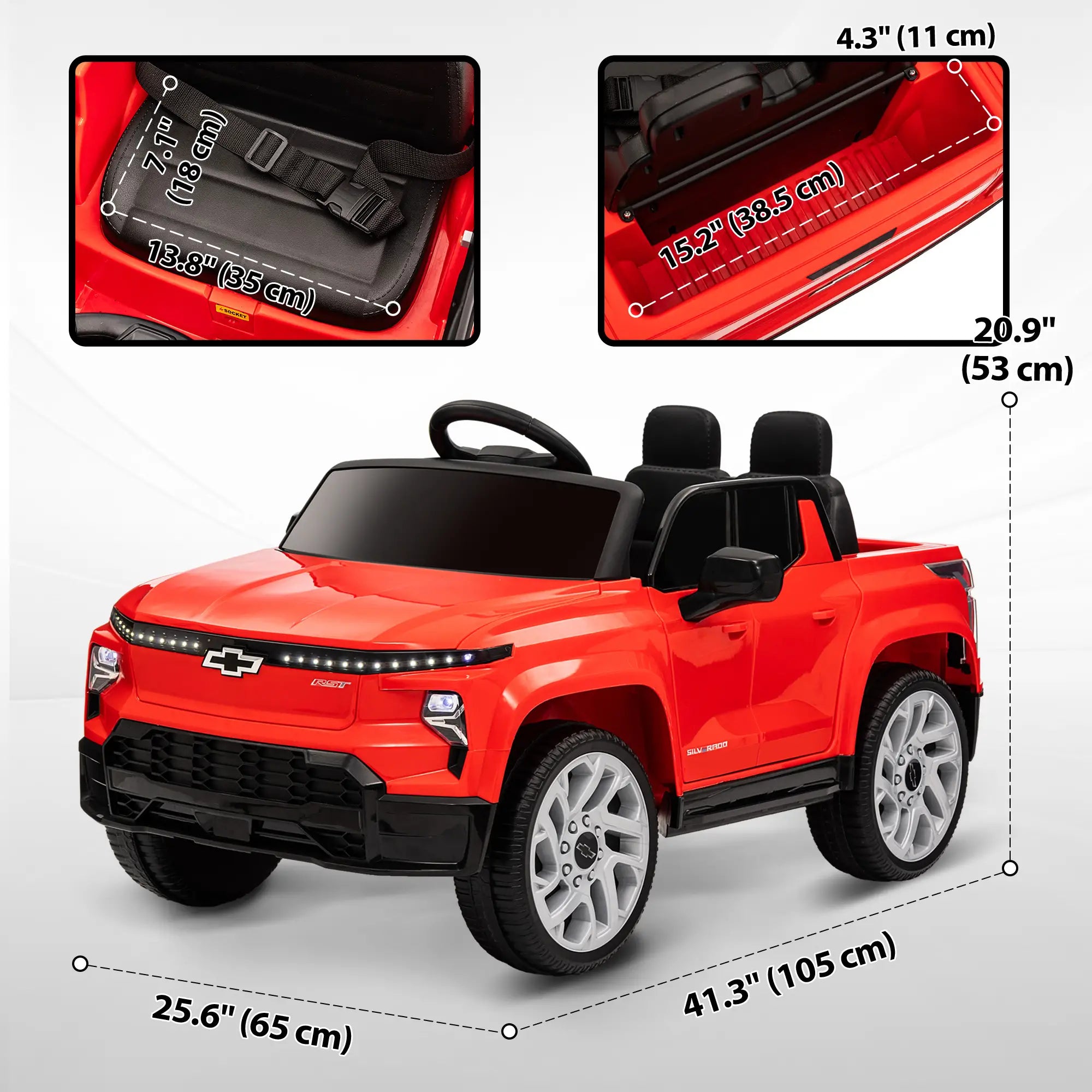 Front view of kids’ Chevy Silverado EV electric ride-on car