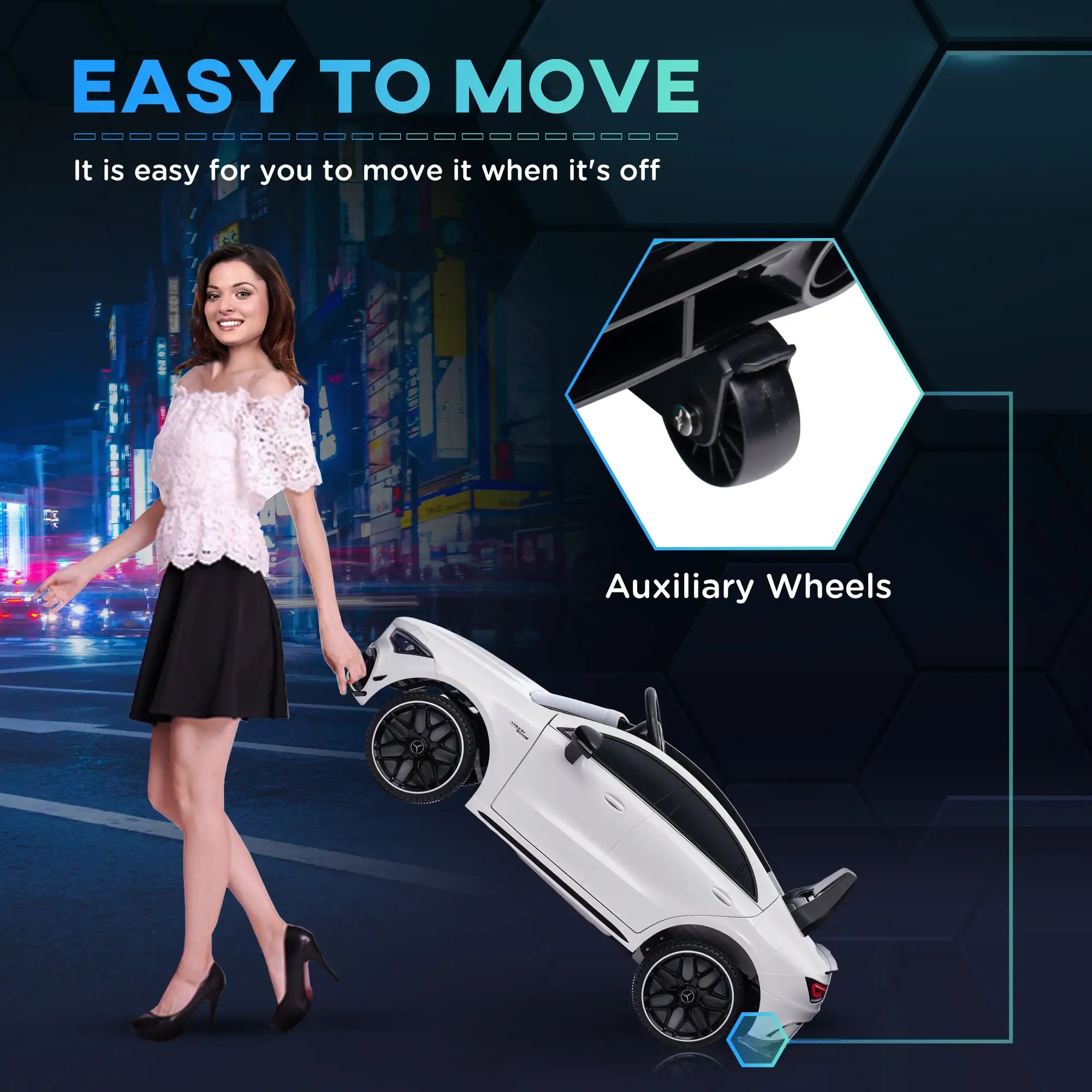 Child driving Mercedes AMG electric ride-on car outdoors.