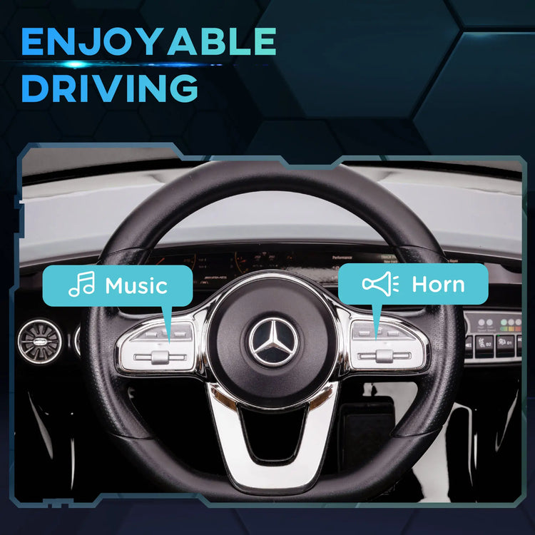 Happy child driving Mercedes AMG kids electric car.