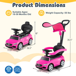 Pink children's ride-on toy car with dimensions and safety certification logos on a white background
