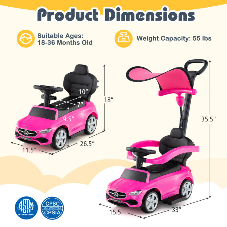 Pink children's ride-on toy car with dimensions and safety certification logos on a white background