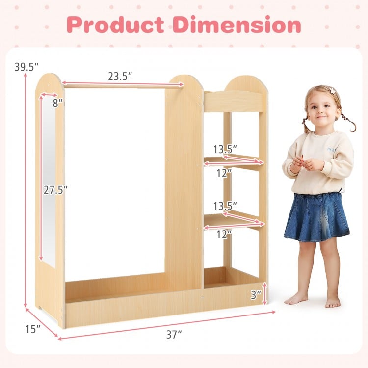 Children’s dress-up wardrobe with hooks, shelves, and mirror