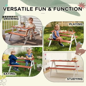 Children's picnic table with various activities depicted, including drawing, playing, eating, and studying.