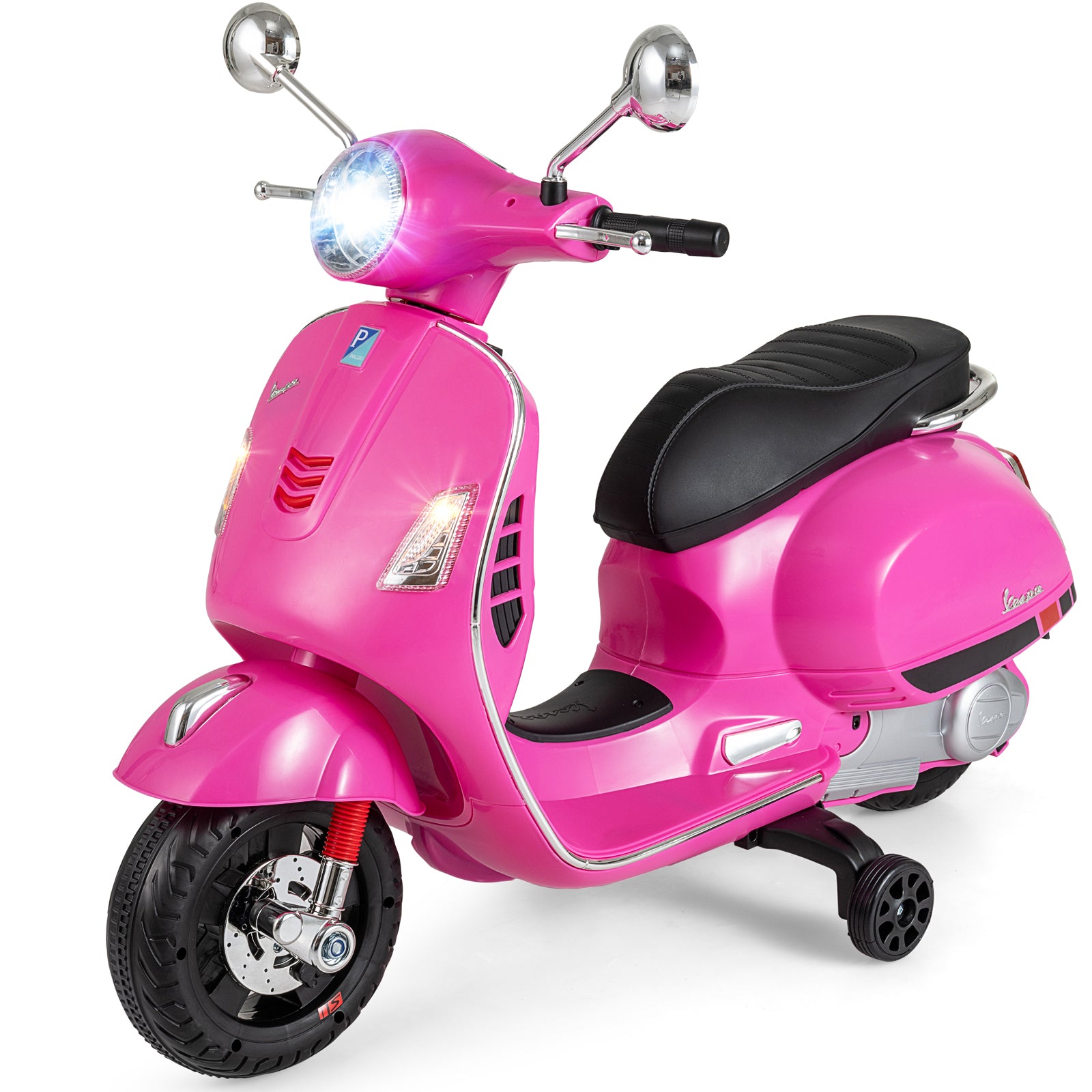 Pink toy scooter with black seat on a white background