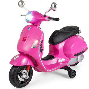 Pink toy scooter with black seat on a white background