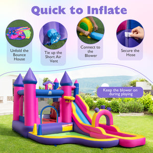 Inflatable castle with slide on grass, steps to inflate shown, outdoor setting