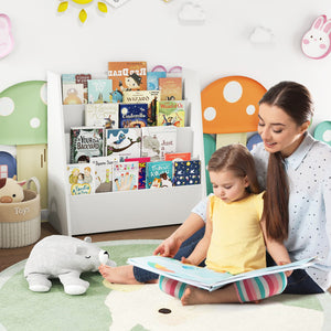Wooden 4-tier bookshelf with books and toys in children's storage.