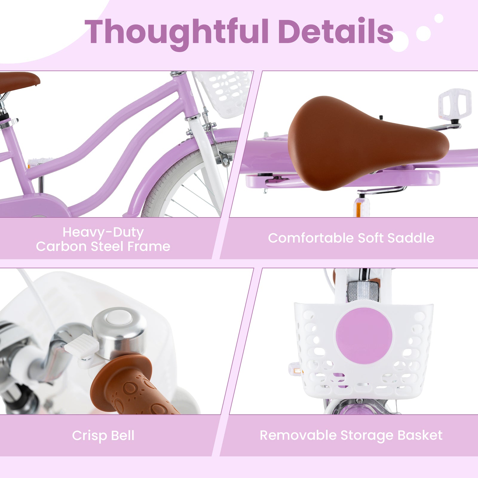 Collage of a purple children's bike with features highlighted on a pink background