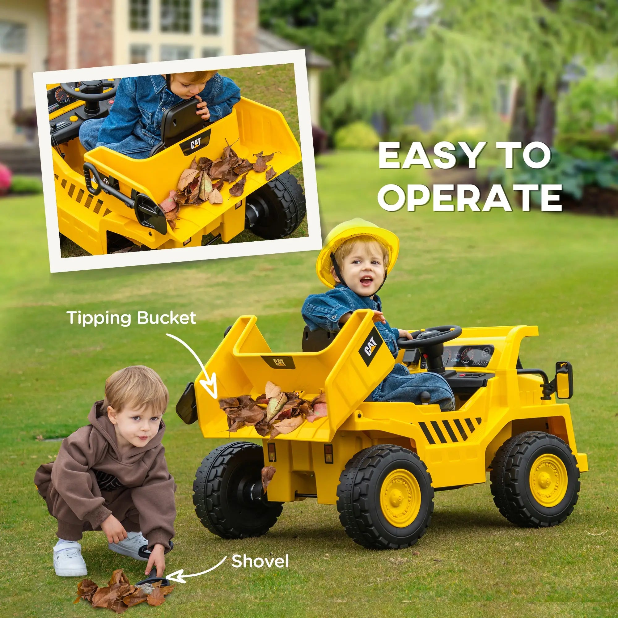 Kids electric excavator with four LED headlights illuminated