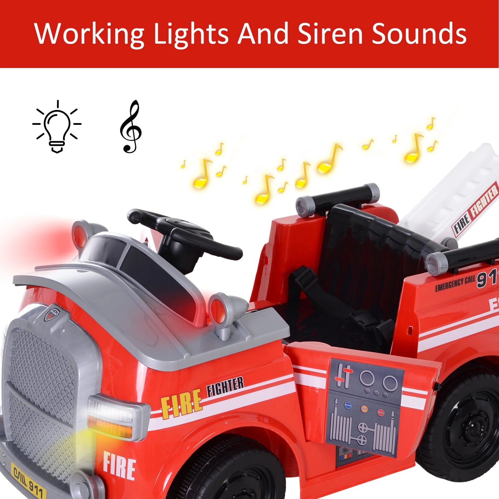 Kids fire engine toy with realistic horn, headlights, and taillights