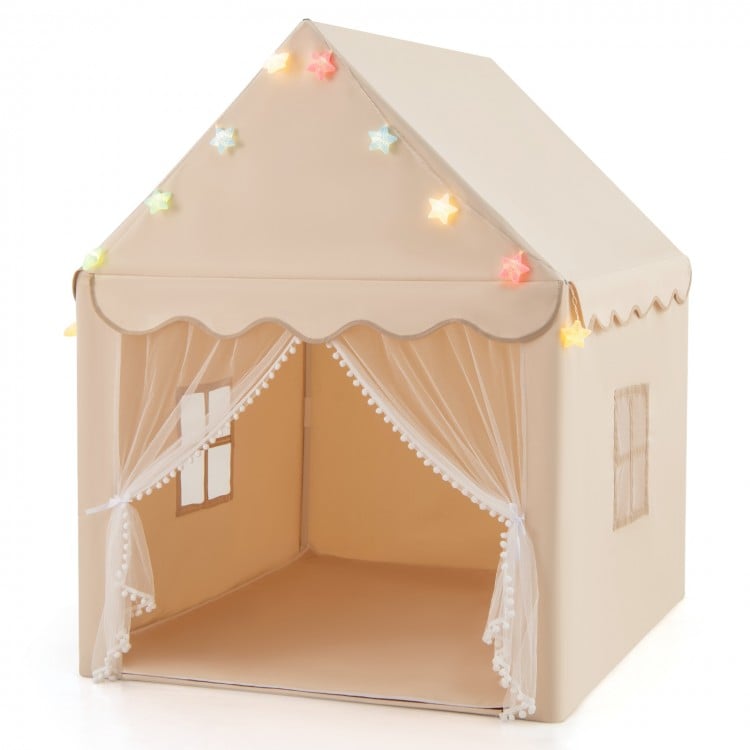 Children's playhouse with a beige roof and white curtains on a white background