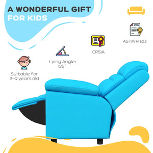 Blue recliner chair with safety certification icons and text on a white background