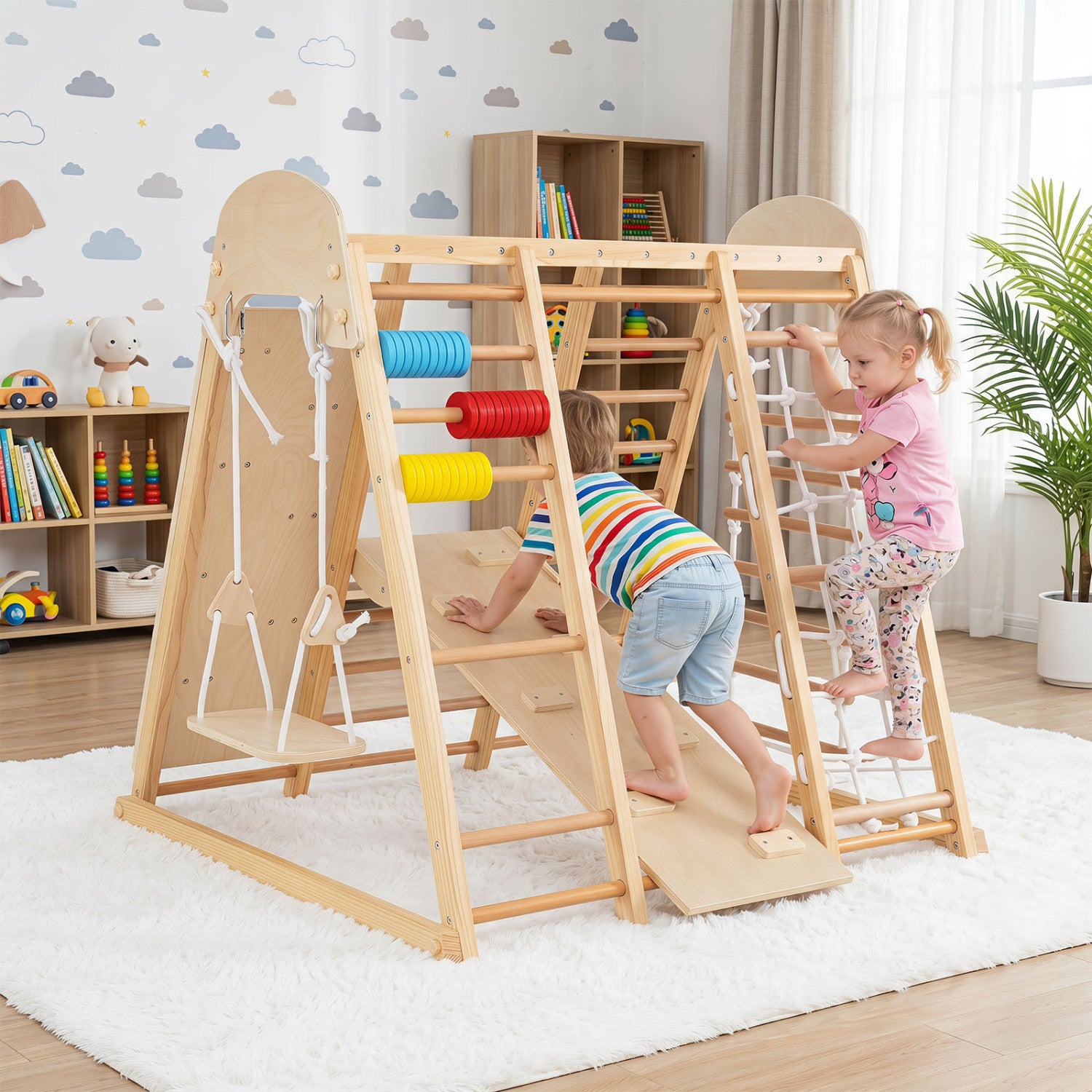 Indoor climbing ladder for kids on wooden jungle gym