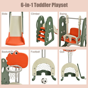 6-in-1 toddler playset with slide, climber, swing, basketball hoop, football goal, and golf set on a pink background.