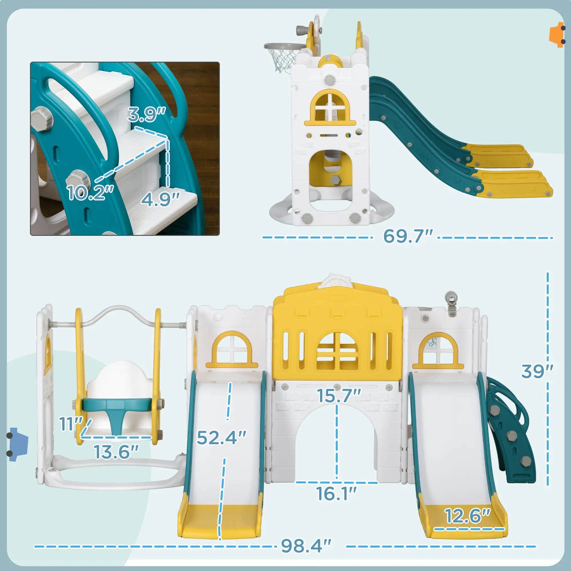 Children's playset with measurements on a light blue background