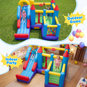 Children's inflatable play structure with slide and ball pit, used outdoors and indoors.