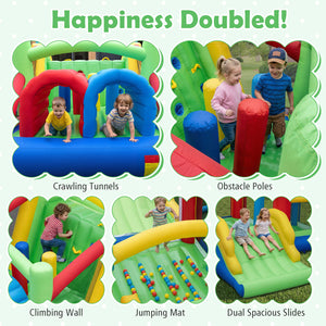 Children playing in a colorful inflatable playground with various features labeled.